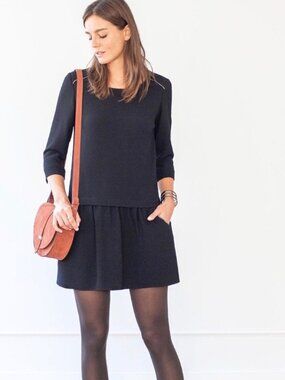 Sezane Womens Anna Mini Dress Black Size 34 US 2 Drop Waist Pockets 3/4 Sleeves